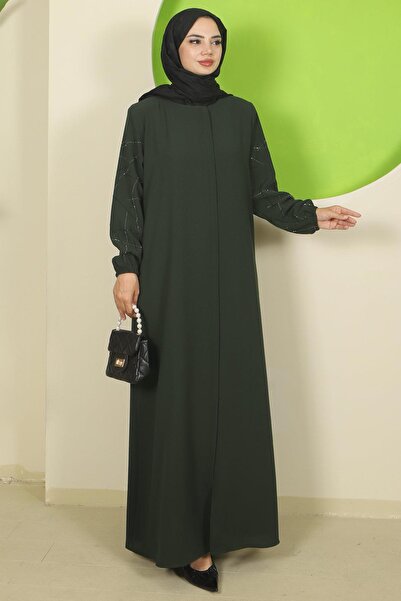 hafsamina Μεγάλο μέγεθος Ferace Khaki HM2801 με πέτρες στα μανίκια