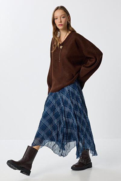 Lovelyİstanbul Desenli Kırışık Efektli Midi Şifon Etek LNS0082 LACİVERT