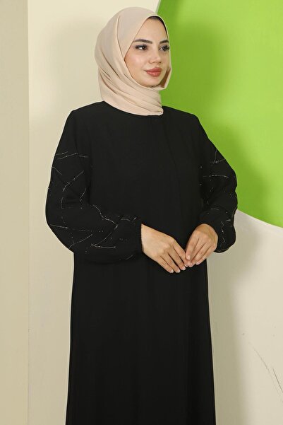 hafsamina Μεγάλο μέγεθος Ferace με πέτρες στα μανίκια Μαύρο HM2801