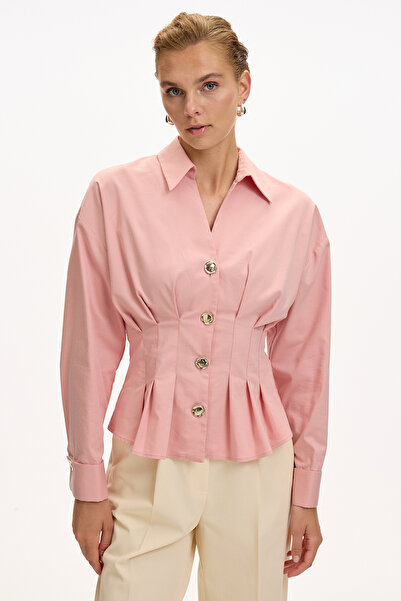 Exquise Uzun Kollu Bele Oturan Pileli Poplin Gömlek