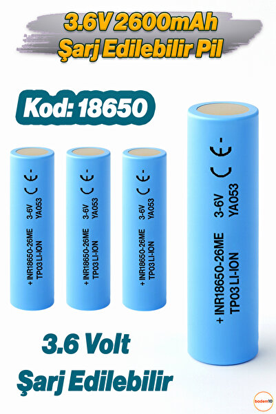 Badem10 4 Adet 18650-26ME Açık Mavi Şarjlı Batarya Pil 3.6V 2600mAh Li-Ion Uz...