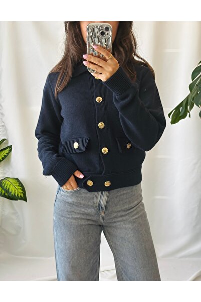 Store Lacivert Altın Düğme Detaylı Yakalı Triko Hırka