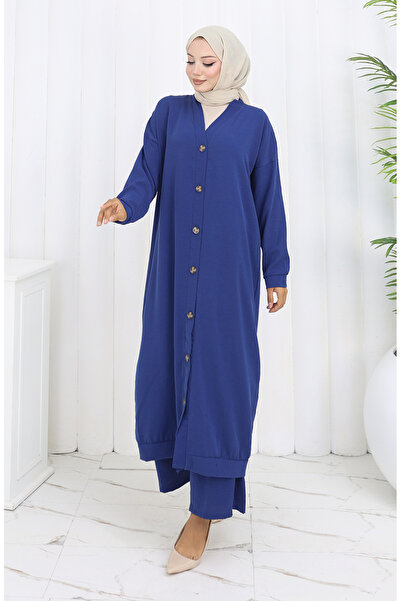 sefamerve Buttoned Cardigan and Trousers Two-Piece Set 0138-08 Navy Blue