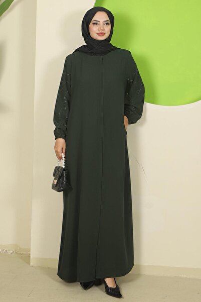 hafsamina Μεγάλο μέγεθος Ferace Khaki HM2801 με πέτρες στα μανίκια