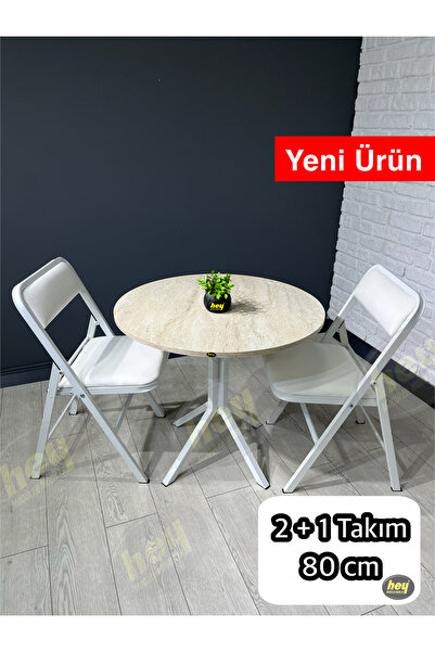 hey modüler mobilya Aras Traverten 2 Kişilik Yuvarlak Mutfak Yemek Masası Tak...