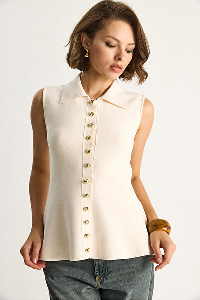 Bianco Lucci Women's Button Detailed Collared A-Line Peplum Knitwear Vest Ty251014 60284099