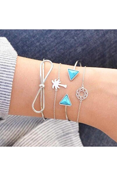 Pursehuit Set de 4 brățări, culoare argintie, cu fundă și palmier, Luckas C5