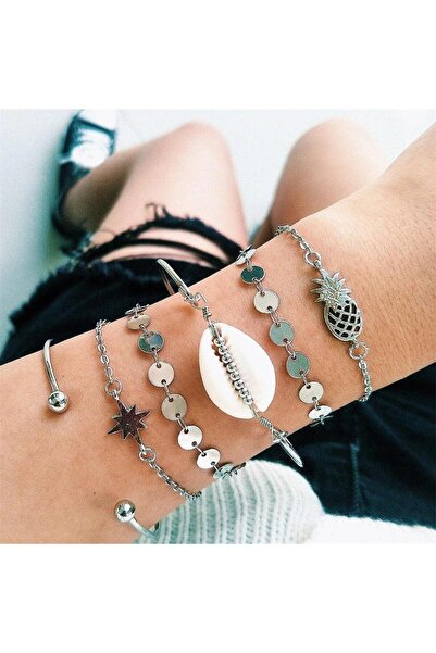 Pursehuit Set de 6 brățări argintii, cu scoici, monede și ananas, Norita C5