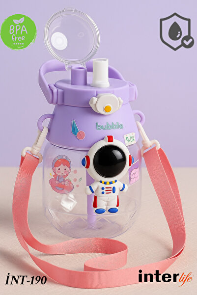 İnterlife Astronaut Children's Water Bottle with Apparatus, Safe, Leak-Proof, Durable, with Strap, Surprise Sticker, School Water Bottle, 4 Colors