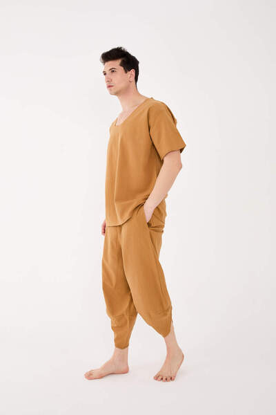 RELAXL Set of 2 Şile Cloth T-Shirt and Shalwar Meditation Clothing Camel