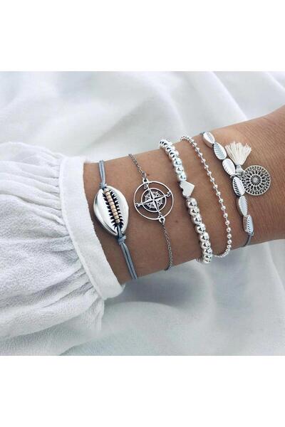 Pursehuit Set de 5 brățări, culoare argintie, cu carcasă metalică, Tuire C1