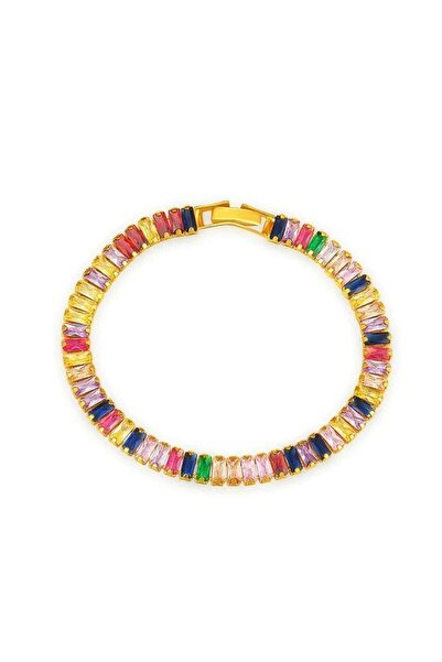 Pursehuit Brățară tenis, aurie, cu pietre de zirconiu multicolore, Hosias C1