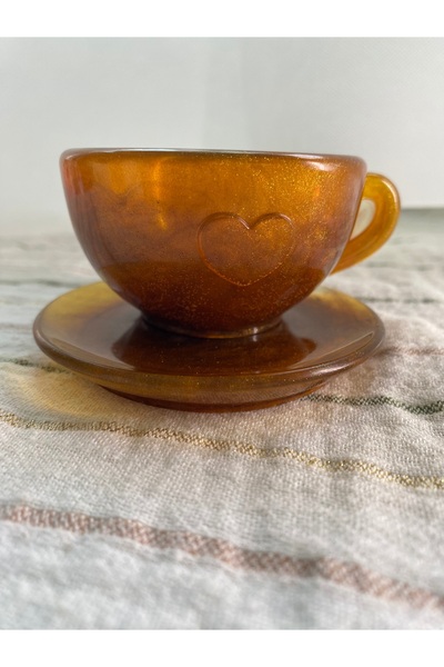 Phellos Handmade Vintage Heart Pattern Amber Colored Retro Glass Coffee Cup and Saucer Set / Pot