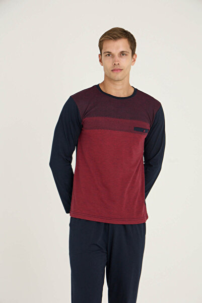 KLY Men's Burgundy Midi Collar Pajama Set Comfortable Sleep Stylish Design