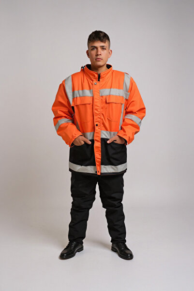çelebi workwear بدلة شتوية عاكسة للضوء من قماش بوندي برتقالي اللون مقاومة للماء