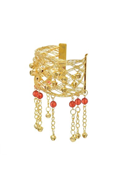 Pursehuit Brățară culoare aurie, reglabilă, cu franjuri și mărgele roșii, Raf...