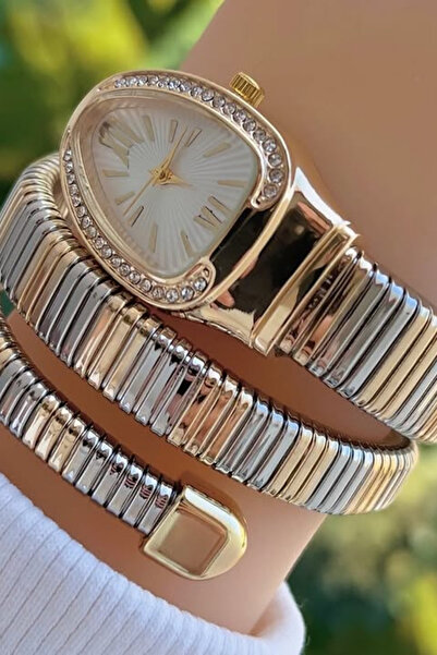 polo55.sport.1855 Emerald Serpent Kadın Kol Saati – Taşlı Çelik Yılan Kordon Gold-Gümüş Kadran