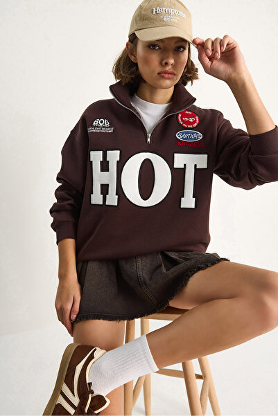 Bianco Lucci Women's Zippered Stand Collar Embroidered Three Thread Raised Oversize Sweatshirt 10006 60284067