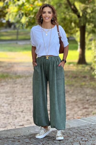 Nevin Kaya Moda Khaki Color 100% Cotton Knitwear Baggy Pants