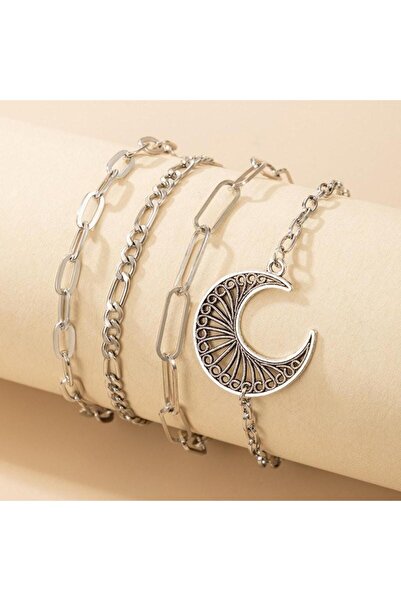 Pursehuit Set de 4 brățări argintii, cu zale și semilună, Chresta C2