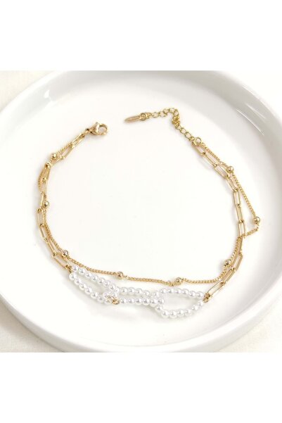 Güler Yüzlü Silver خلخال مزدوج من XUPING مرصع باللؤلؤ على شكل وردة 23+4 سم