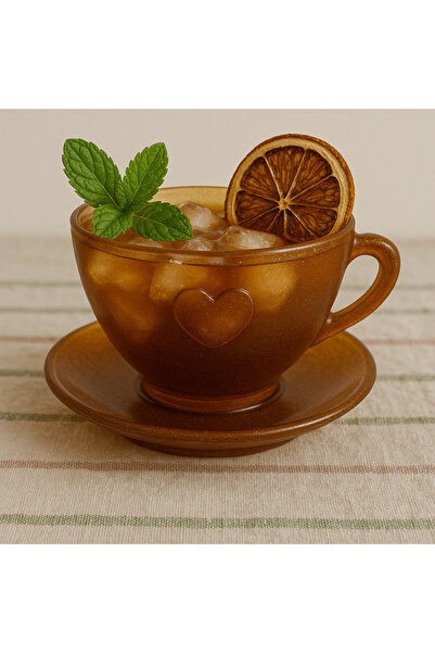 Phellos Handmade Vintage Heart Pattern Amber Colored Retro Glass Coffee Cup and Saucer Set / Pot