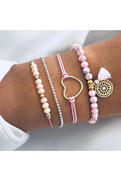 Pursehuit Set de 4 brățări aurii, cu mărgele roz, Trisha C1