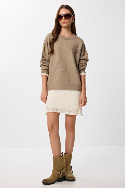 Lovelyİstanbul Cvet Teksturirano Oversize kroj Pleteni džemper LPF0113 MINK