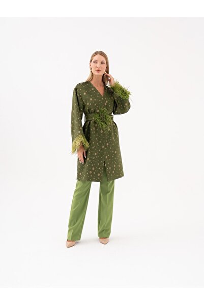 SERPİL Kadın V Yaka Kap - Kemer ve Kolları Tüy Detaylı - Modern ve Şık 39141