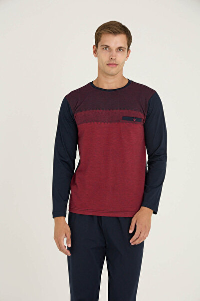 KLY Men's Burgundy Midi Collar Pajama Set Comfortable Sleep Stylish Design