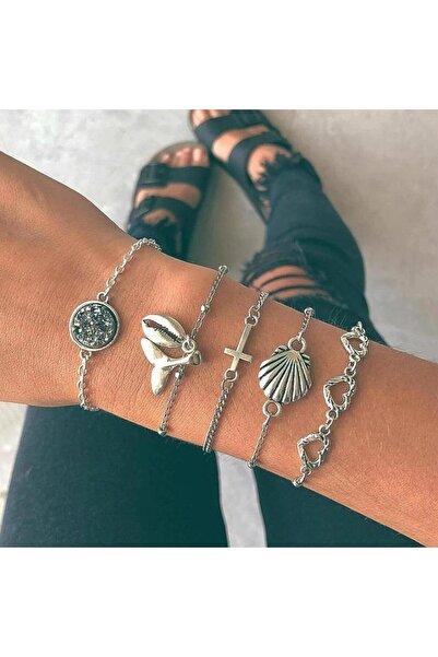 Pursehuit Set de 5 brățări argintii, cu scoici metalice, Tracy C1