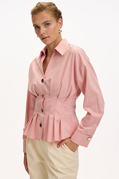 Exquise Uzun Kollu Bele Oturan Pileli Poplin Gömlek