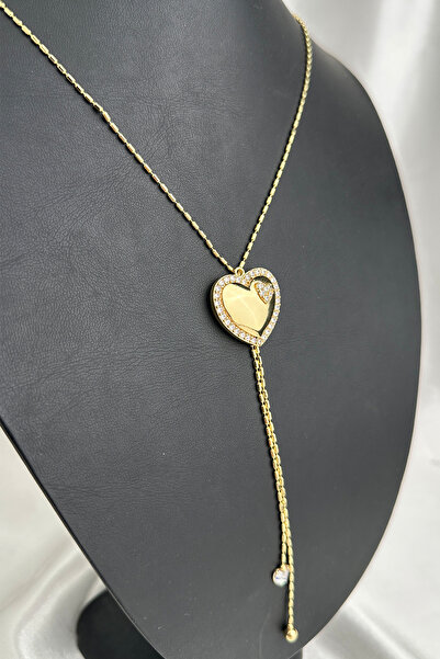 Modex Gold Color Stone Heart Detail Chain Dangle Y Necklace (Size: 46+5cm)