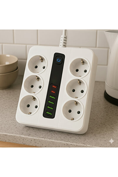 SMAYLİNG 6 Prizli Akıllı Uzatma Kablosu – 4 USB-A + 2 Type-C Hızlı Şarj Çıkışlı Akım Korumalı , 2 Metre Kablo