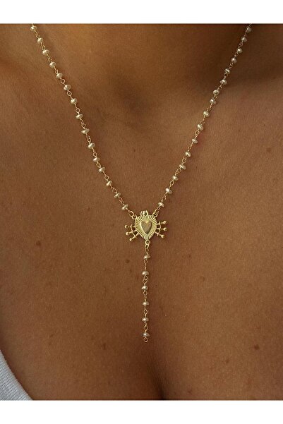 İncikcincik Kalpli İncili Y Zincir Kolye - 925 Ayar Gümüş