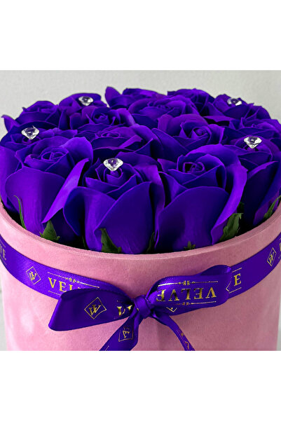 velve Aranjament floral Crystal Beauty cu 15 trandafiri de sapun, cristale artizanale,Albastru indigo