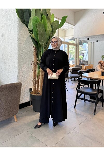 Güler Casual Siyah Renk Düğmeli Ayrobin Kumaş İkili Takım