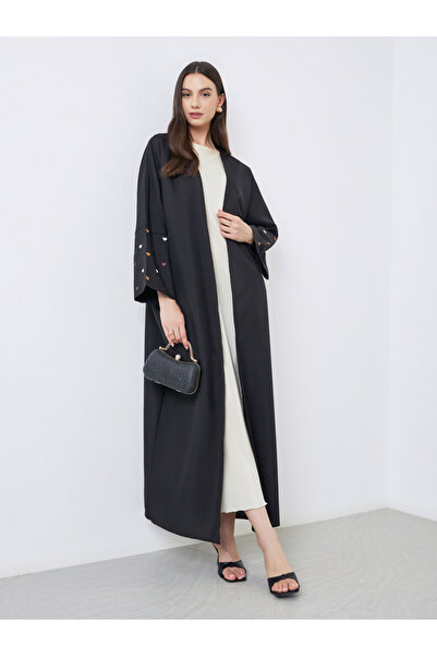 Take Two By Styli Black Open Front Embroidered Sleeve Abaya