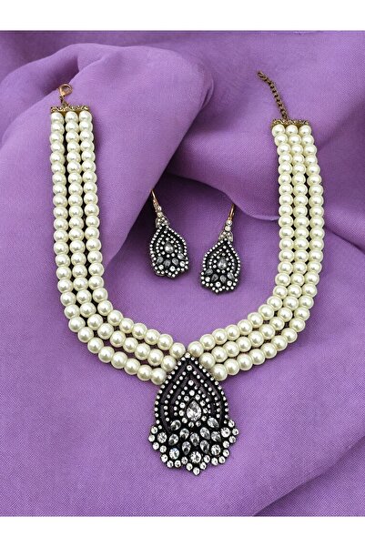 FUYA JEWELLERY Elmas Montür Damla İnci Kolye, Küpe Set