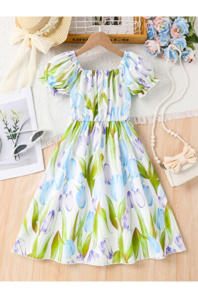 Take Two By Styli Girls Tulip Print Puff Sleeve Dress