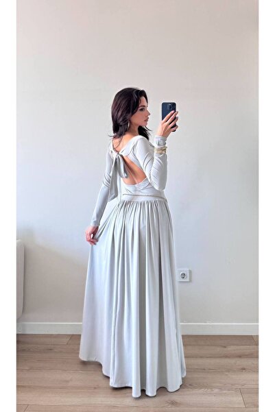 LOCH BUTİK Women's Gray Waist Gathered Back Bow Tie Maxi Dress