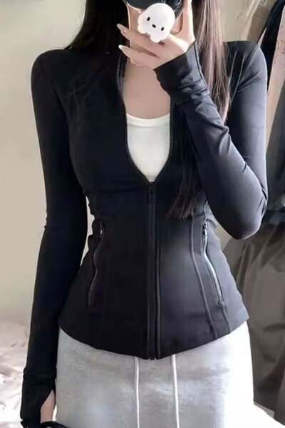 BALİNA Siyah Cepli Parmkalı Street Y2K Crop Hırka -BLN