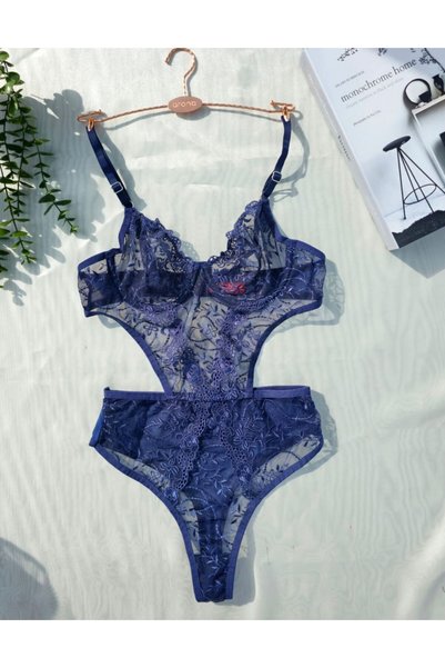 HAMA LOVE Women's Navy Blue Lace Bodysuit Lingerie Set