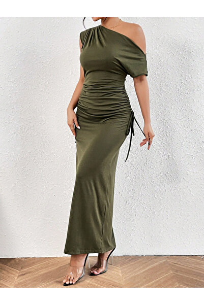 Take Two By Styli Solid Ruched Detail One Shoulder Maxi Dress