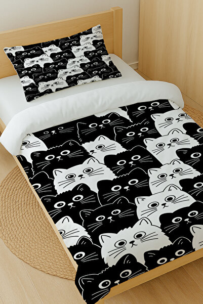 Else Dekor Σετ Παπλωματοθήκη Μονό Μαύρο Λευκό Γάτες με σχέδιο Βαμβακερό Σατέν 160x220cm