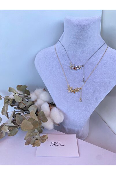 Tasarım Minimal 14K Gold Plated Necklace with Triple Flowers in Gold-Silver Color Options