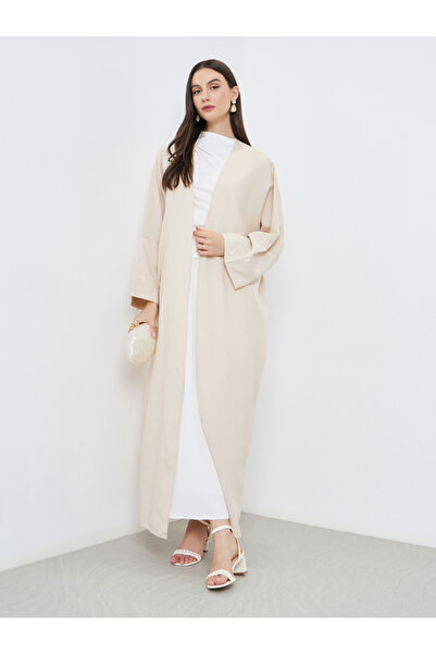 Take Two By Styli Cream Open Front Embroidered Sleeve Abaya