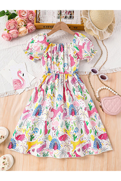 Take Two By Styli Girls Multi Graphic Print Square Neck Dress