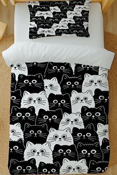 Else Dekor Σετ Παπλωματοθήκη Μονό Μαύρο Λευκό Γάτες με σχέδιο Βαμβακερό Σατέν 160x220cm