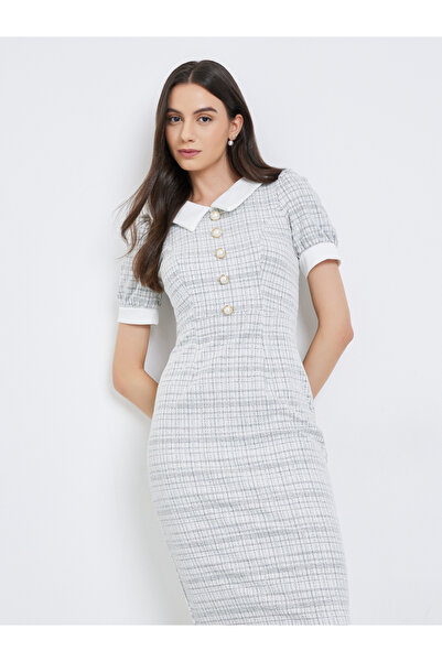 Take Two By Styli Checked Puff Sleeve Bodycon Midi Dress